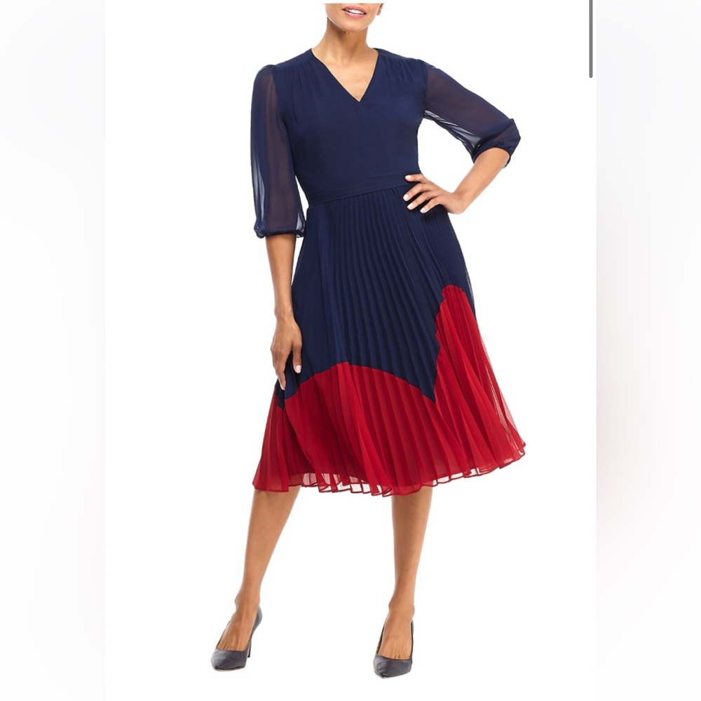 EUC Like New Maggy London Colorblock Navy and Red Pleated Midi Dress, Size 4 - Picture 1 of 7